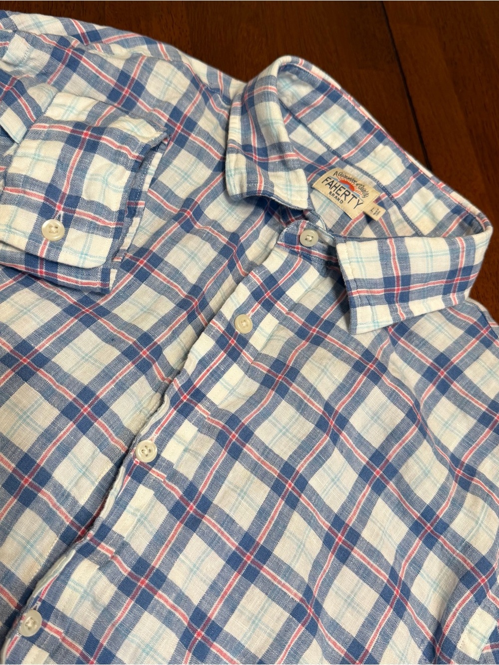 FAHERTY Button Front Shirt Men's L Red Blue White Plaid 100% Linen Long Sleeve